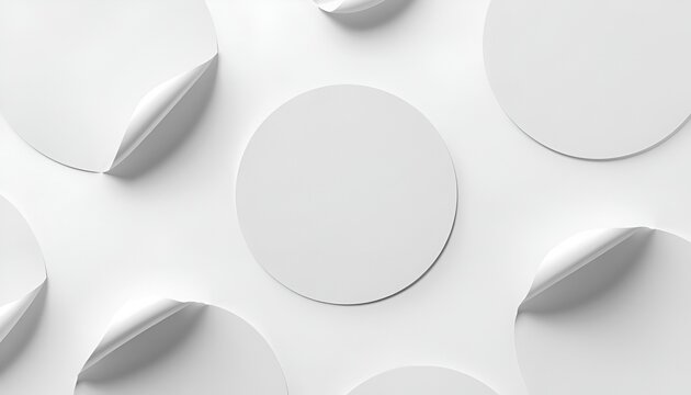 Round Sticker Mockup Set Isolated on White Background, Circular Adhesive Labels with Matte and Glossy Finishes, Overlapping Angles, Realistic Shadows and Clean Product Display