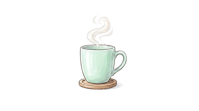 Cute light green ceramic coffee mug on wooden coaster with hot steaming beverage cartoon vector illustration isolated on white background