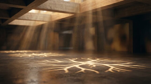 Sunlight beaming through wooden ceiling structure casting organic root light pattern on stone floor