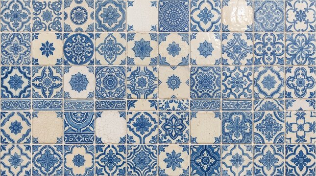 Traditional Portuguese Azulejos Wall Pattern in Blue and White