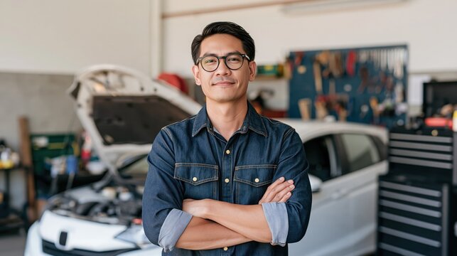 A confident Southeast Asian man in his thirties wearing glasses standing in an auto repair shop