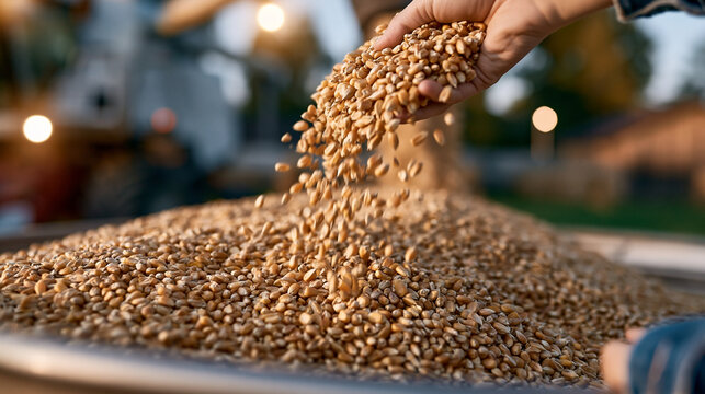 Hand pouring golden wheat grains over harvest pile