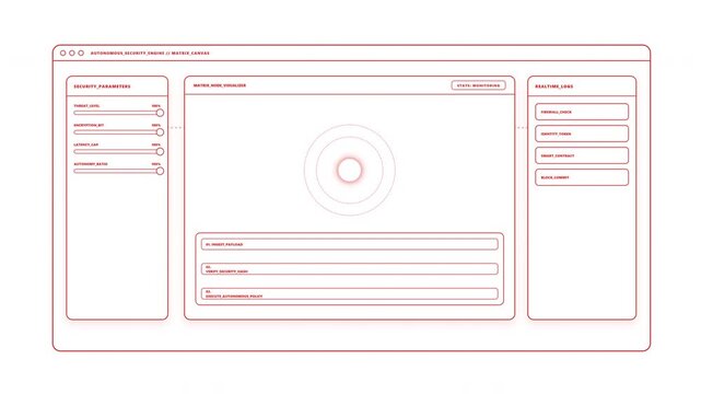 Ultra-premium UI/UX dashboard motion graphic featuring a red precision wireframe theme, nodal security matrix, interactive slider controllers, data stream terminal, and dynamic green validation status