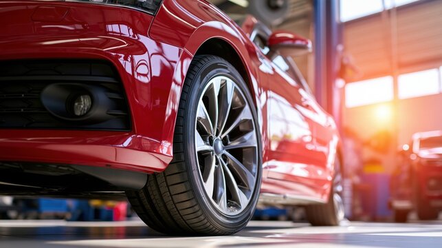 Low angle view of a shiny dark red car front end and alloy wheel inside a professional workshop