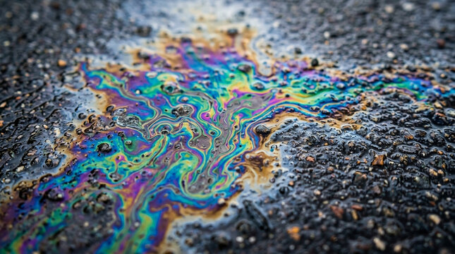 Iridescent oil slick on asphalt road, abstract colorful pattern, texture