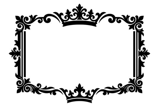 Ornate black and white vector frame featuring regal crowns, vintage fleur-de-lis motifs, and elegant scrollwork borders on a plain white background for luxury invitation design.