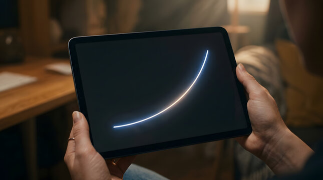 Person holding modern digital tablet displaying glowing exponential growth curve chart during business analytics work