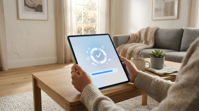 Modern digital tablet displaying glowing software update progress bar inside cozy living room interior setup