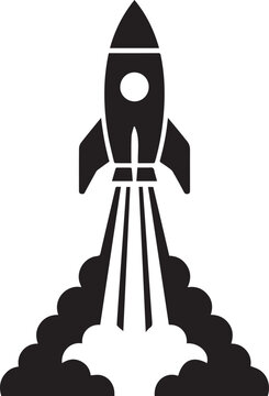 Rocket Launch Silhouette Vector Illustration, Black and White Spaceship Blast Off with Smoke Cloud