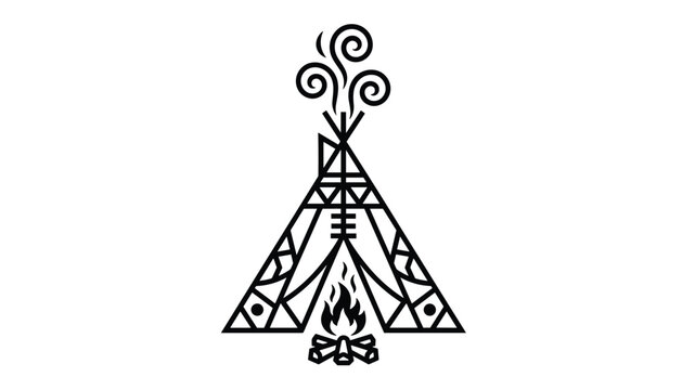 Tribal style Native American teepee outline illustration with geometric details and a burning campfire.