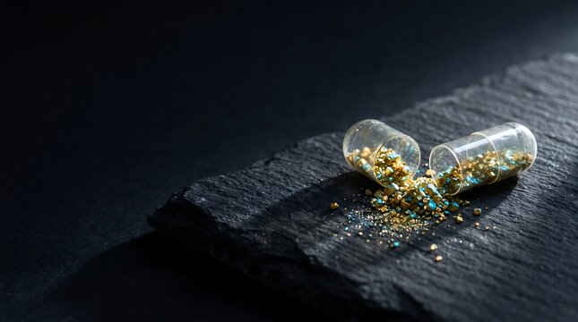 Close-up of an open capsule spilling out its granular contents onto a dark stone surface, suggesting medication or supplements