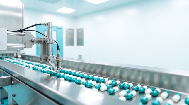 Automated Pharmaceutical Production Line with Medicine Capsules on Conveyor Belt in Sterile Laboratory