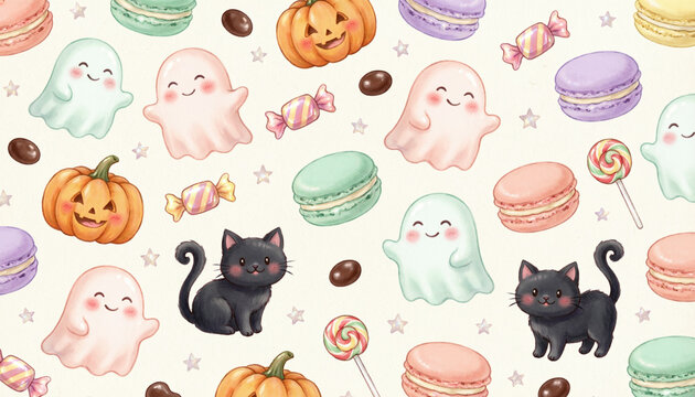 Pastel Halloween seamless pattern with cute ghosts and pumpkins, kawaii black cat and sweets background, whimsical holiday treats wallpaper