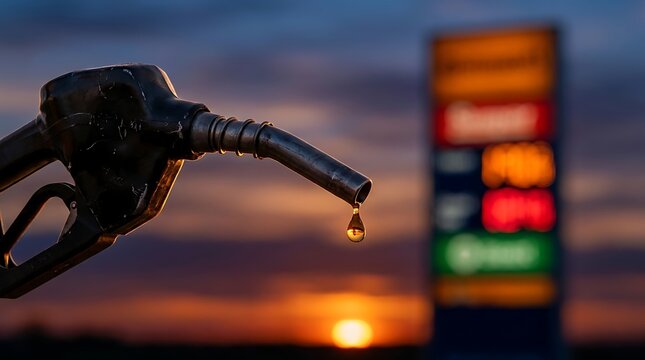 Close up of fuel nozzle dripping a drop of gasoline against blurry gas station price board and dramatic orange sunset sky showing high oil cost concept.