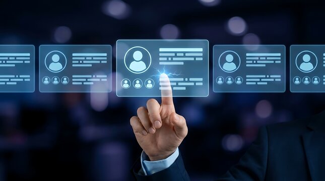 Person's finger touching digital interface with user profile icons for candidate selection or HR management, showcasing recruitment and personnel database.