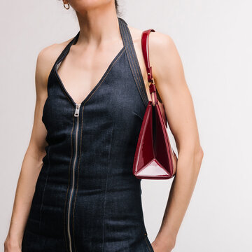 Denim Dress With Red Handbag Fashion Detail