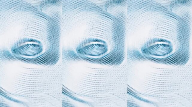 Abstract close-up animation of Brazilian real banknote details with swirling distortion and circular motion. Blue and white financial background suitable for video transitions, economic news, business