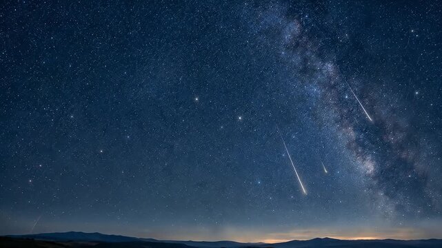 天の川の下を流れる流星群と星空の背景動画