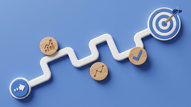 Abstract 3D path with icons showing growth, data analysis, and completion leading to target goal with dart in business strategy concept.