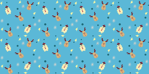  A festive collection of simple flat Christmas characters and design elements isolated on plain backgrounds. Features funny cartoon snowman in a winter hat, cute reindeer head, decorated fir tree © Olha