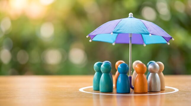Colorful wooden figures stand united under protective blue and purple umbrella inside white chalk circle on wooden surface representing group safety and security.