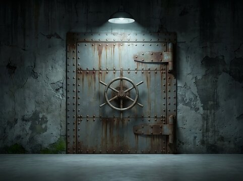 Heavy metal vault door with circular wheel lock handle and rusty steel plates under spotlight in dark abandoned concrete bunker room depicting high security storage.