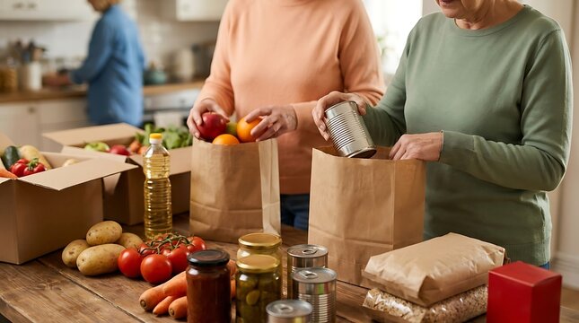 Elderly women pack variety of nonperishable groceries and fresh garden vegetables on rustic wooden table for community food bank charity donation program.