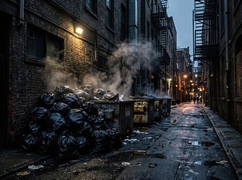 Dark gloomy narrow urban alleyway with pile of black garbage bags and dumpsters emitting steam and smoke under dim street light, gritty city environment