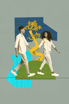 Poster sketch image artwork photo collage of soulmate romantic day bonding young man lady walk hand hold together smile nture plant tree