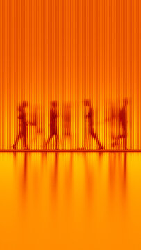 Human Silhouettes Walking Behind Orange Fluted Glass