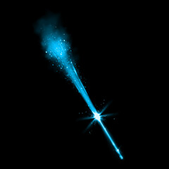 Abstract blue magic wand trail with a sparkling light effect isolated on a deep black background © Creative_Rasma