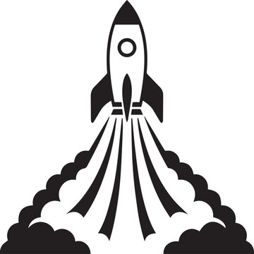 Rocket Launch Silhouette Vector Illustration, Black and White Spaceship Blast Off with Smoke Cloud