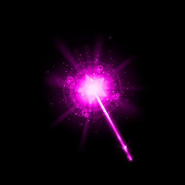 A vibrant purple magic wand emitting a glowing light effect isolated on a deep black background