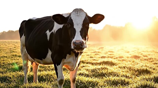 Holstein dairy cow chewing cud in misty green pasture at sunrise