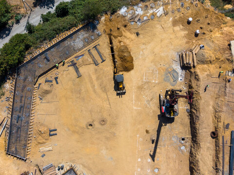 Construction Site Foundation Excavation And Reinforced Concrete Work