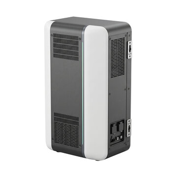 Modern white and gray tower computer case, sleek desktop PC chassis, home energy storage battery module, minimalist tech design, studio product shot on white background for tech marketing and