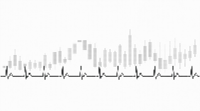 Abstract medical heartbeat rhythm and financial candlestick chart made of halftone dots