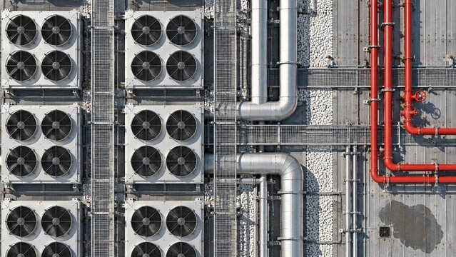 Data center rooftop with rows of cooling fans and industrial pipes, featuring a cold grey metal deck for cloud computing and technology themes