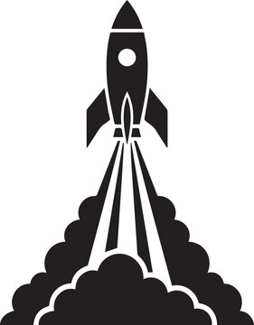 Rocket Launch Silhouette Vector Illustration, Black and White Spaceship Blast Off with Smoke Cloud