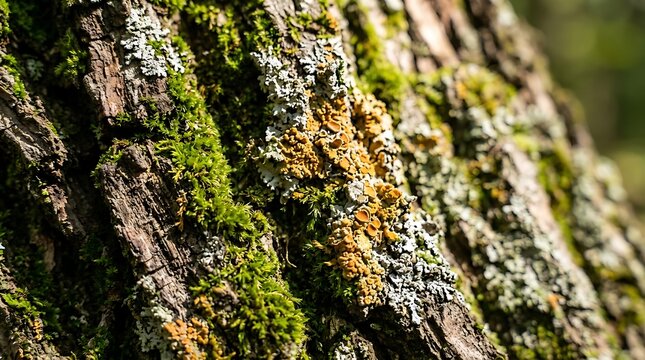 Close up macro shot of natural tree bark texture covered with green moss and colorful lichen in a sunny forest