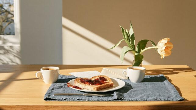 Heart shaped toast with strawberry jam on a wooden table, cozy morning breakfast with espresso and a tulip for romantic cafe promos