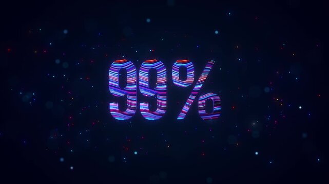 Rotating 3D 99 percent number with blue and purple flowing light trails, glowing particles, sparkles, and bokeh against a dark futuristic digital background.