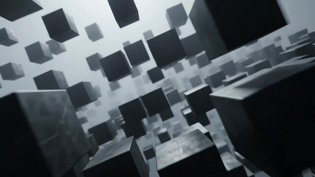 Futuristic Dark Metallic Cubes Floating and Rotating in Hazy Wi-Fi Void