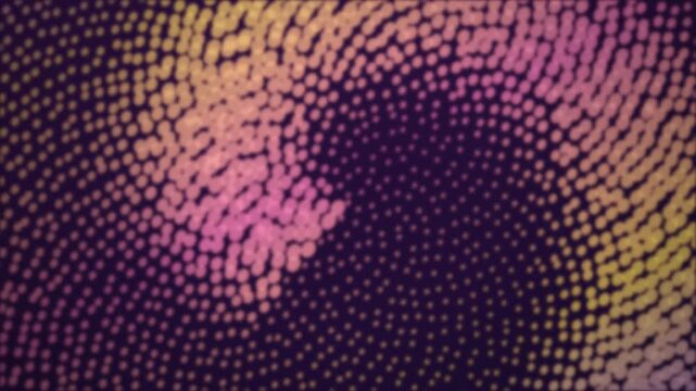 Abstract halftone dot pattern background, vibrant purple and orange gradient stipple animation, dynamic swirling particle motion graphic for digital displays