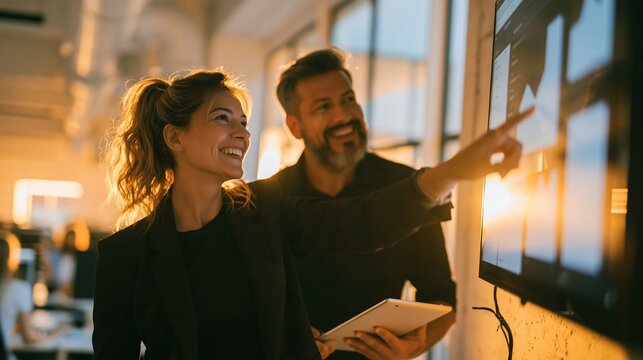 Diverse business team discussing an AI agent dashboard on a screen, featuring a confident woman in a blazer for corporate productivity