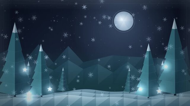 Beautiful 3D low poly animation of a winter wonderland at night, featuring geometric pine trees, mountains, a glowing full moon, and falling snowflakes