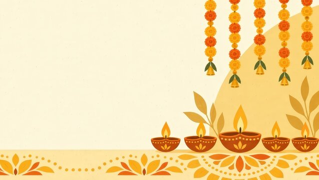 Flat vector diya lamps and marigold garland banner with rangoli