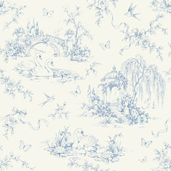 Naklejka premium Vintage Blue Toile de Jouy Swan Lake Seamless Pattern with Swans, Cygnets, Romantic Gazebo and Floral Bridge