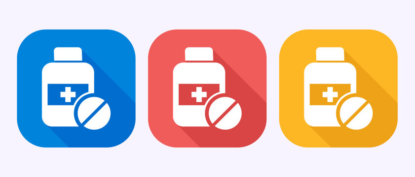 Pill bottle icon set featuring flat blue red and yellow medical medication design.