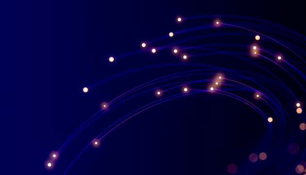 Curved 3D neon light pathways with glowing nodes visualizing wireless communication across a blue background